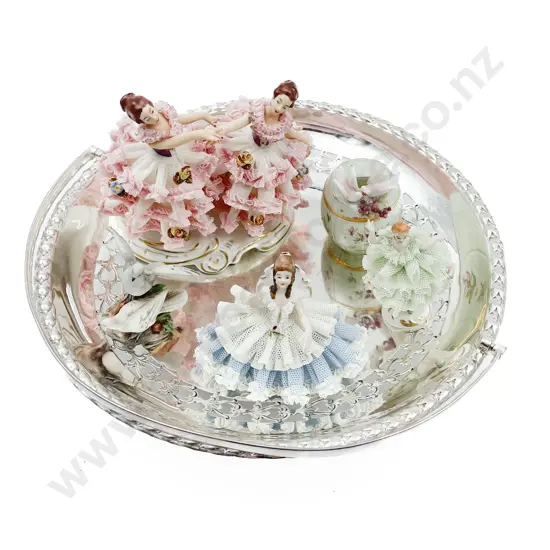 Dresden Figure Group and Other Figures/Ornaments on Plated Basket