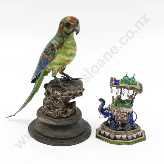 Enamel Parrot Ornament Together With Small Indian Elephant Ornament
