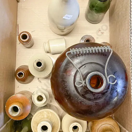 Box of Assorted Glass and Stoneware Bottles