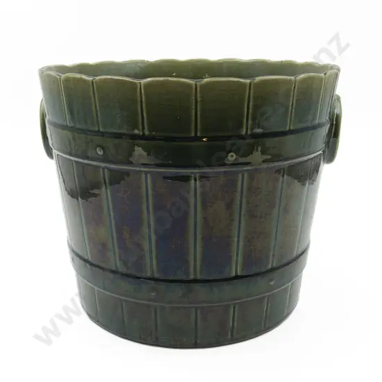 T F & Sons Green Glazed Barrell Form Planter
