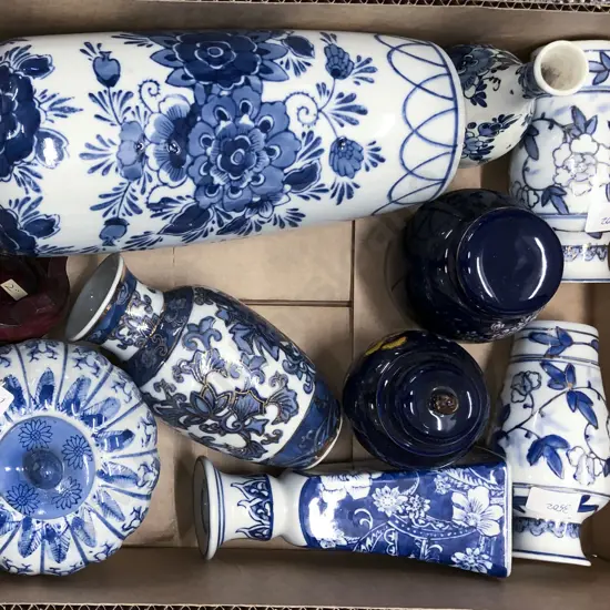Box of Assorted Blue and White Vases Etc