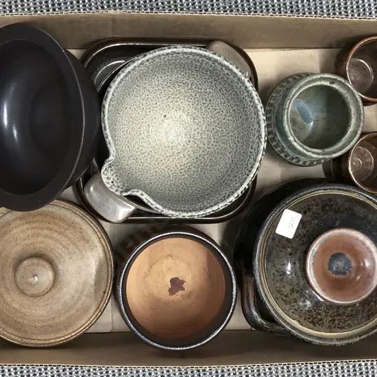 Box of Assorted Pottery Including Salt Glazed Tipping Bowl