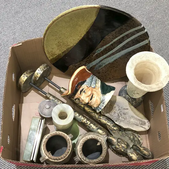 Box of Assorted Including Hardstone Jewellery Box and Pottery Charger Etc