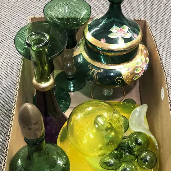 Qty of Assorted Art Glass Including Pair of Candlesticks