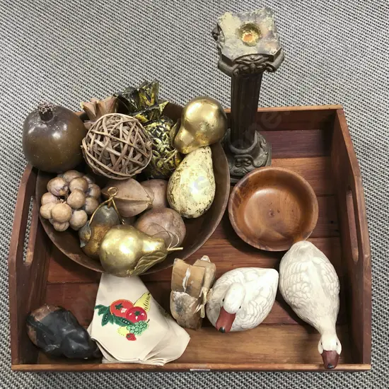 Qty of Assorted Decorative Homewares On Wooden Tray