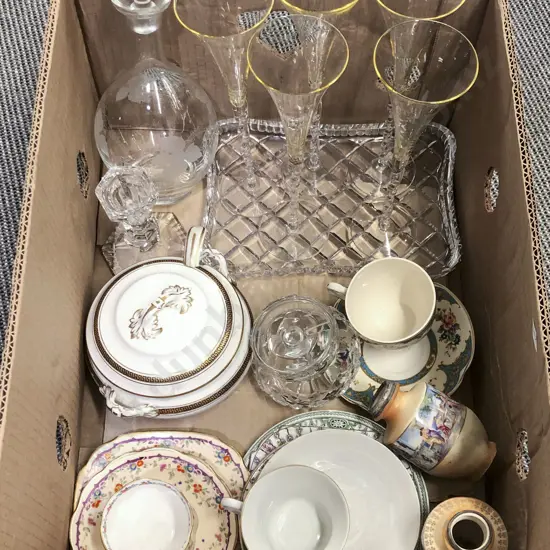Box of Assorted China and Glassware