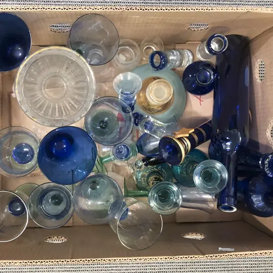 Qty of Assorted Glassware Including Blue Glass Bottles