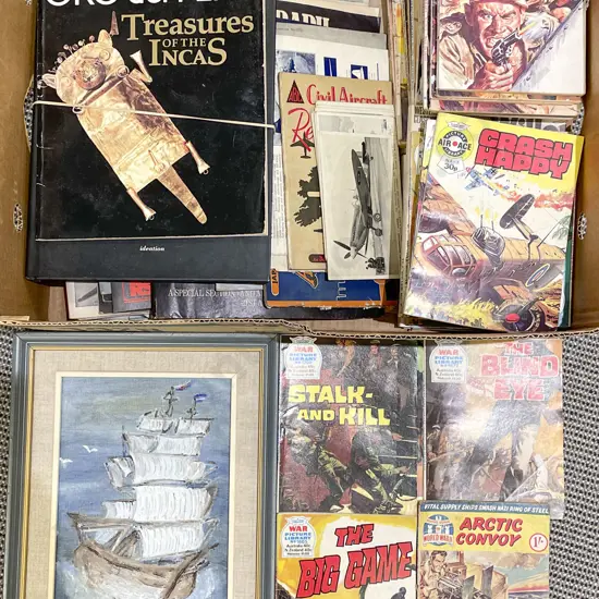 Box of Assorted Including Vintage Military Comics and Magazines Etc