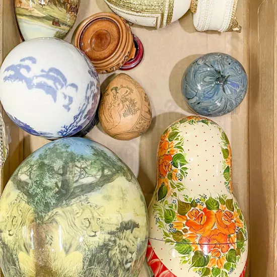 Box with Russian Doll and Assorted Decorative Eggs