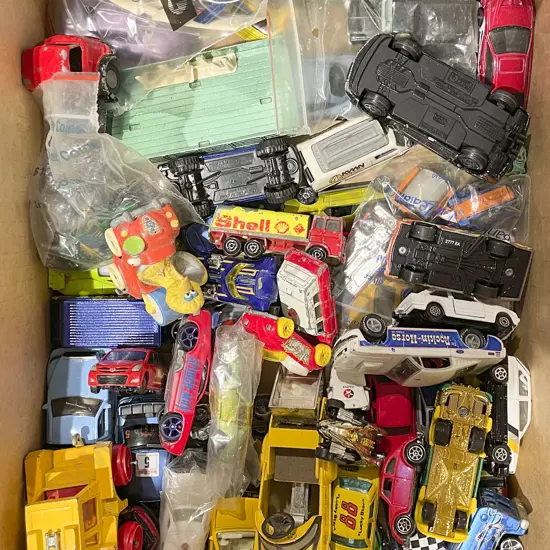 Box of Assorted Toy Cars Including Hot Wheels