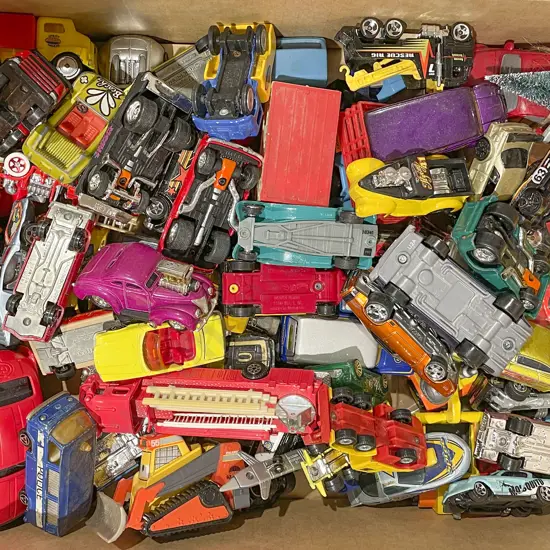 Box of Assorted Toy Cars Including Hot Wheels