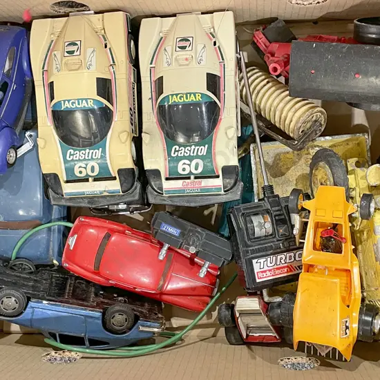 Box of Assorted Toy Cars Including Vintage RC Cars