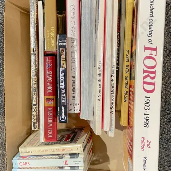 Box of Books Including Car Reference