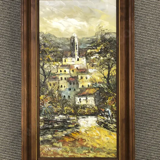 J Casamada - Village Scene - Oil on Board
