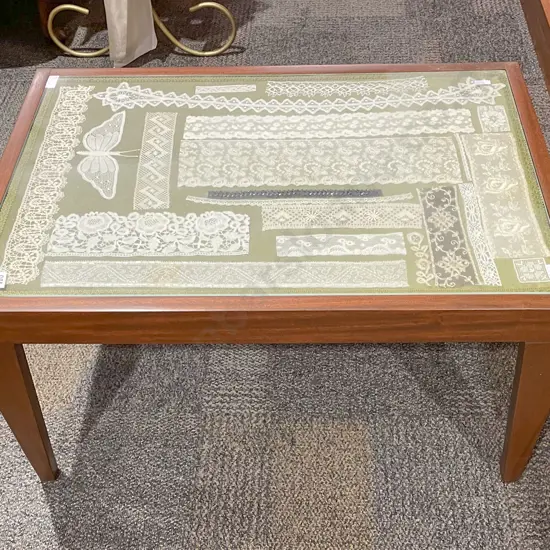Mahogany Glass Top Coffee Table With Vintage Lace Display