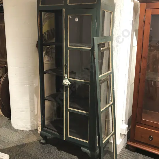 Green Painted Glazed China Cabinet (Door needs Repair)