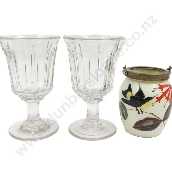Pair of Victorian Pressed Glass Goblets and Hand Painted Opaque Glass Biscuit Barrell (No Lid)