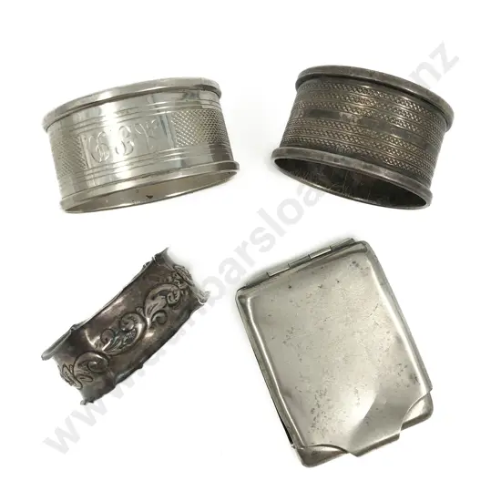 S/S Matchbox Holder Together with Three S/S Napkin Rings