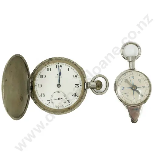 Chrome Plated Omega Pocket Watch with Vintage Pocket Compass