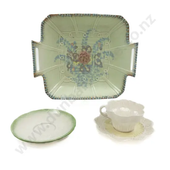 Beswick Cake Plate With Belleek Cup & Saucer and Two Belleek Saucers