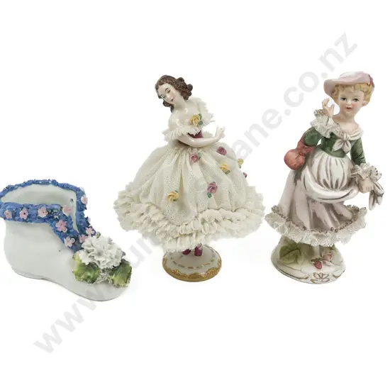 Dresden Figurine with Other Unmarked Figure and Boot Shaped Posy Vase