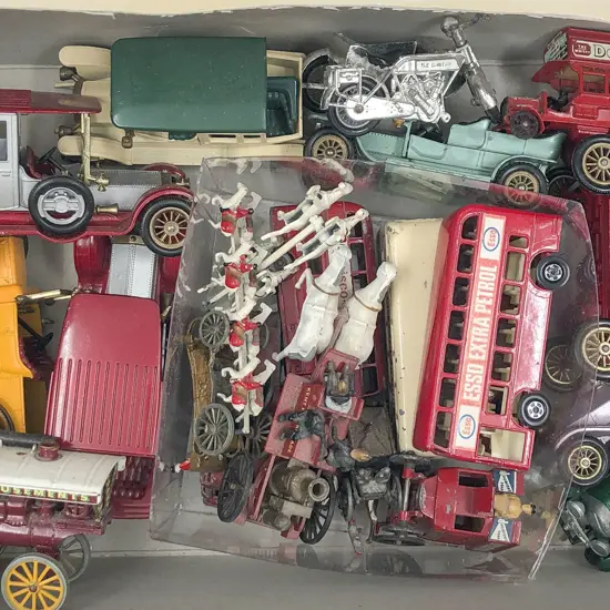 Box of Assorted Model Cars and Lead Horse and Carriage