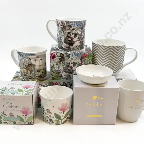 Qty of Assorted As New Boxed Mugs and One Dish (7)