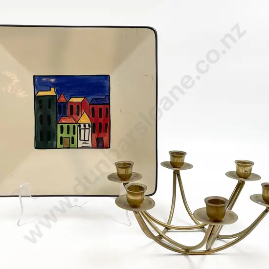 Temuka Pottery Square Plate Together With Brass Candelabra