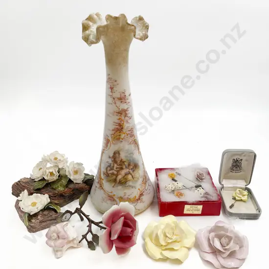 Milk Glass Vase Together With Qty of NZ Hereford and Capodimonte Flower Ornaments