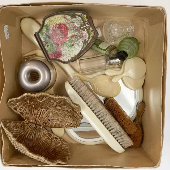 Small Box Qty of Assorted Vintage Vanity Items with S/S Topped Pot