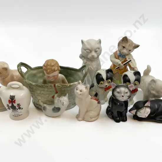 Small Box of Assorted China Cat Ornaments etc