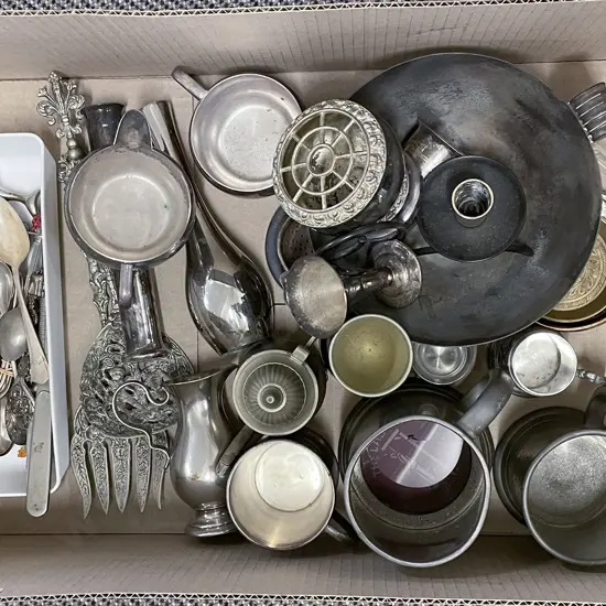 Box of Pewter and S/P Together With Assorted Cutlery
