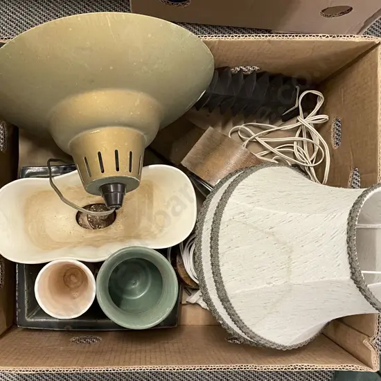 Box of Assorted Incl. Lamp and Mantle Clock Together With Vases Etc.