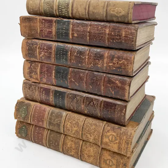 Box of Seven Assorted Leather Bound Books Incl. Dickens and Plutarch