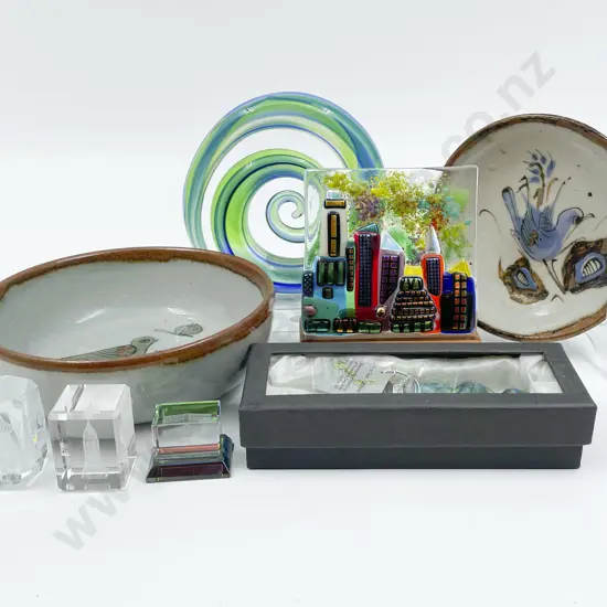 Small Qty of Assorted Art Glass and Two Pieces of Mexican Pottery