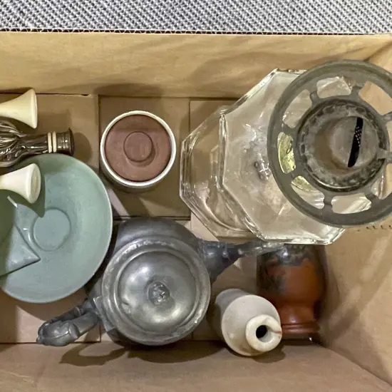 Box of Assorted Including Pressed Glass Kerosene Lamp
