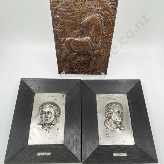 Two Relief Molded Works of Classical Musicians together with Copper Panel Work