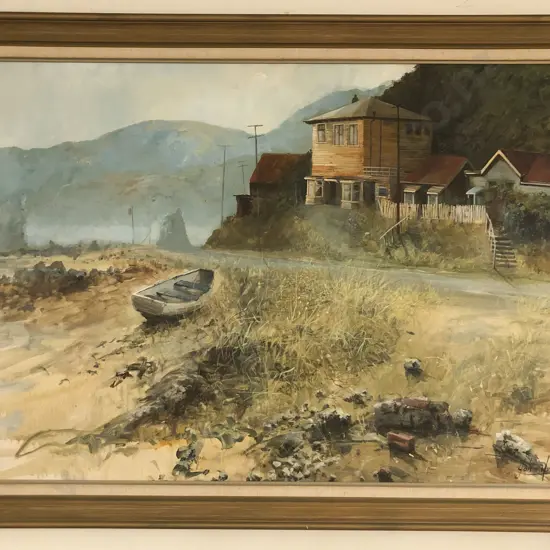 John Holmes - Beachside Scene - Oil on Board