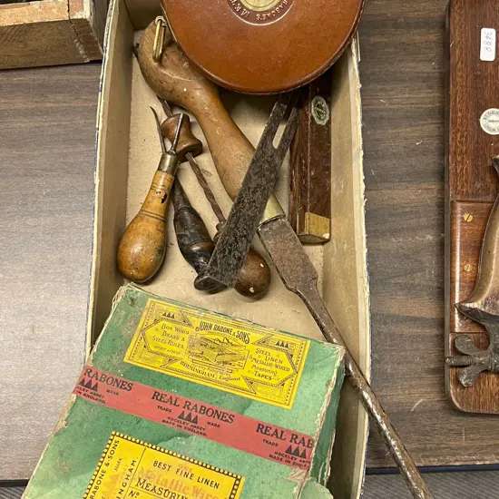 Box of Assorted Vintage Wooden HAnd Tools Together with Vintage Measuring Tape