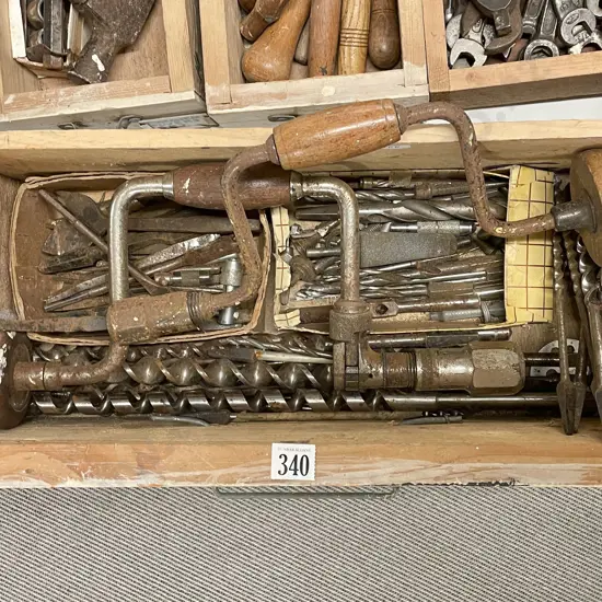 Box of Assorted Vintage Hand Drills/Drill Bits Etc