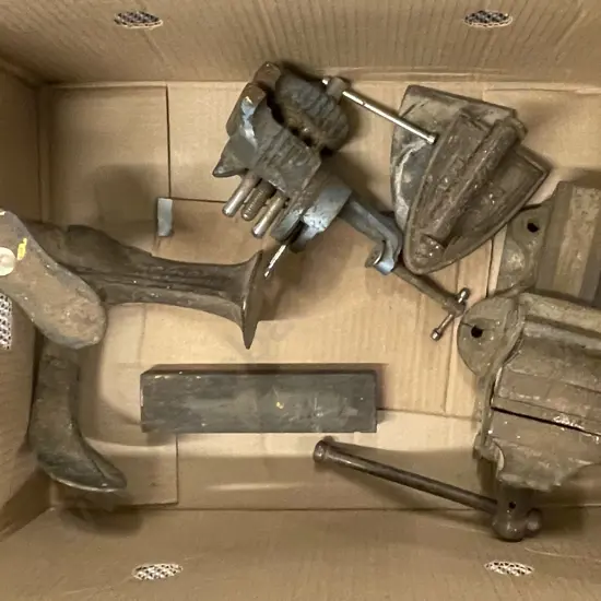 Box of Assorted Vintage Tools etc Including Vices