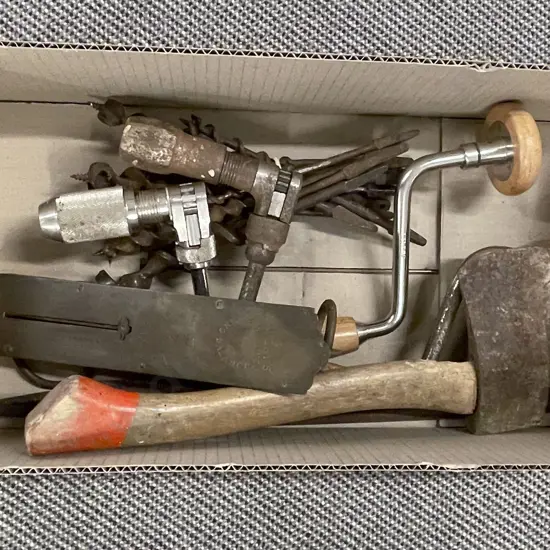 Box of Assorted Vintage Tools Including Hand Drills/Drill Bits