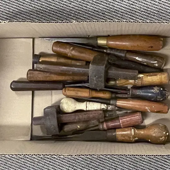 Box of Assorted Vintage Wooden Handled Tools