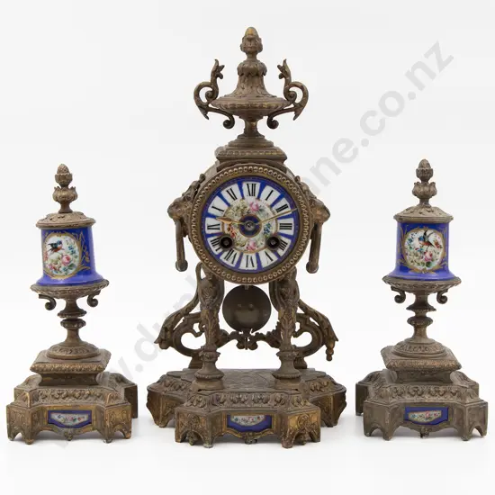 Late C19th Gilt Metal and Sevres Pattern Mantle Clock Garniture