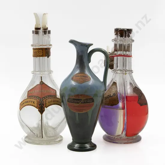 French Benoit Ferres Glazed French Flask and Two Glass Decanters