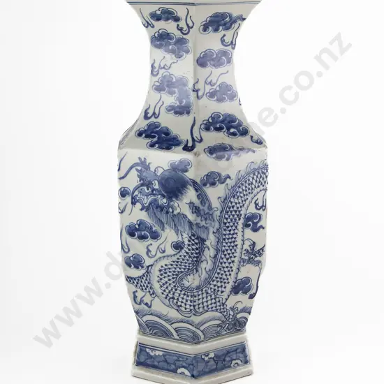 Early C20th Large Chinese Blue & White Hexagonal Vase
