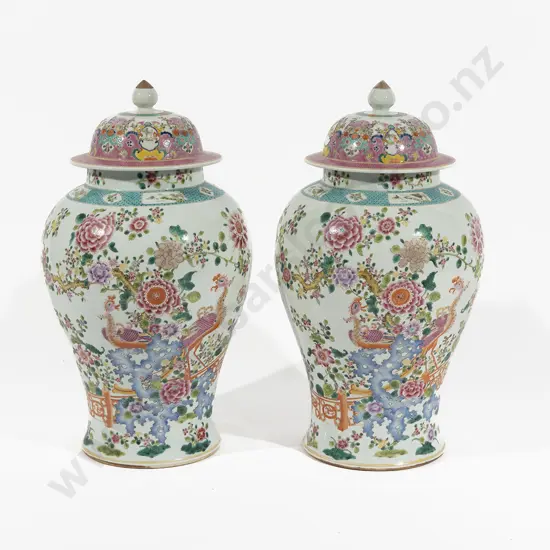 Large Pair Of C20th Chinese Famille Rose Vases & Covers