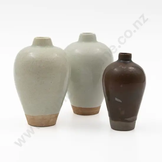 Pair Of Small Chinese Celadon Glazed Meiping Shape Vases