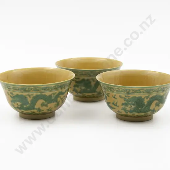 3 Chinese Green & Yellow Incised Enamelled "Dragon" Bowls