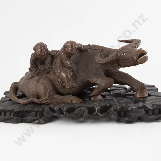 Chinese Wooden Carving Of 2 Children On A Water Buffalo